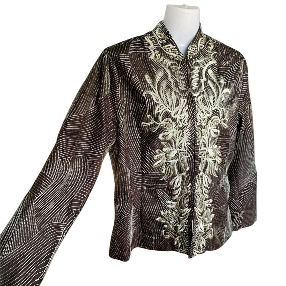 CHICO’s chocolate and silvery/gold embroidered front closure jacket, Medium.